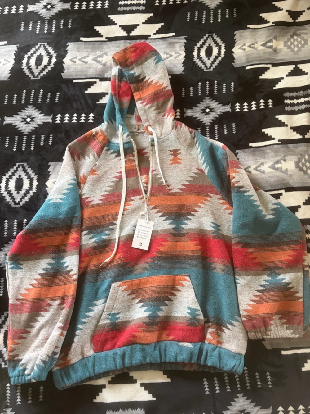 Southwestern Aztec Print Hooded Pullover in Teal, Rust & Red